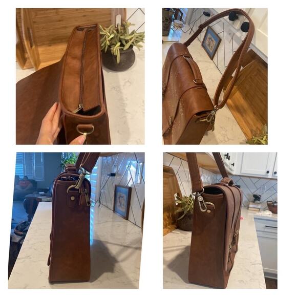 Vegan messenger laptop laser cut crossbody bag brown adjustable shoulder strap - Picture 6 of 6